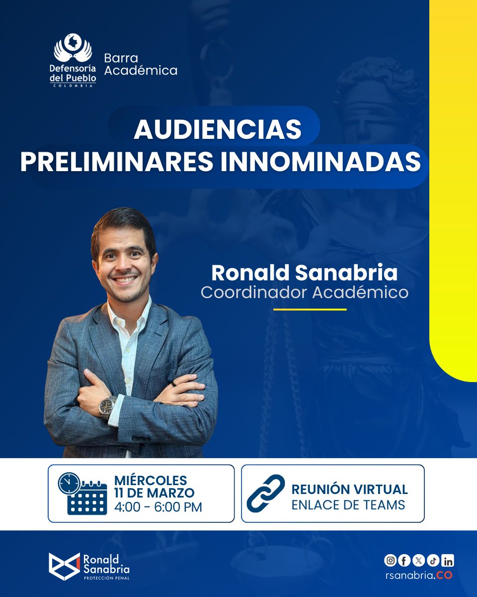 RsanabriaCo's tweet photo. 📚 BARRAS ACADÉMICAS - AUDIENCIAS PRELIMINARES INNOMINADAS

Analizaremos su fundamento en el sistema acusatorio, los criterios jurisprudenciales y cómo estructurar solicitudes ante el juez de control de garantías.
📅 11 de marzo | 4:00 p. m.
💻 Virtual
🔗 https://t.co/IeRZV7E17y https://t.co/aC4BHVRtLM