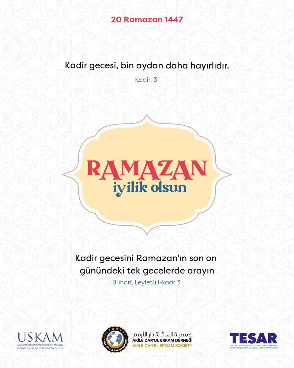 📅 20 Ramazan 1447/ 10 Mart 2026 

📚1 Ayet, 1 Hadis

🌙Ramazan İyilik Olsun.

Yardımlarınız ve bilgi için sitemizi ziyaret edebilirsiniz;

↗️akiledarulerkam.org.tr