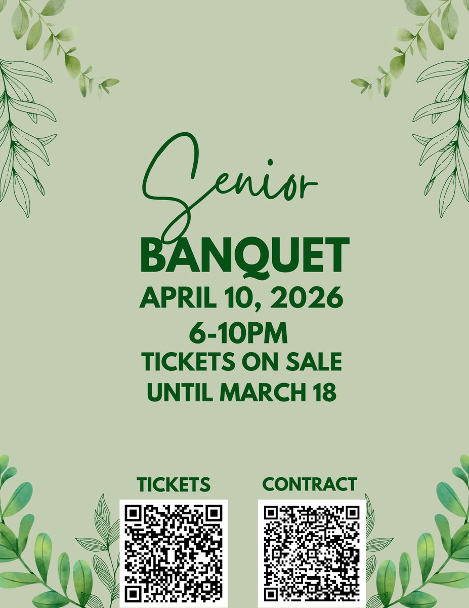 Senior Banquet will be on April 10 from 6-10pm at Lake Pearl. Ticket sales and contract are due March 18. There are NO buses for this event so please make arrangements to get to and from venue safely. There are also NO table assignments. More info to come!!
