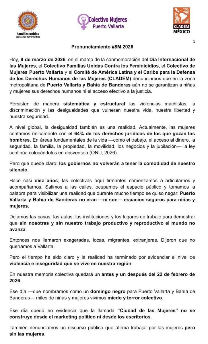 MujeresPV's tweet photo. Pronunciamiento #8M 2026 
#8marzo 💜🔥✊️
@Claudiashein 
@mujeresgobmx 
@CitlaHM https://t.co/skl8s4kMyE
