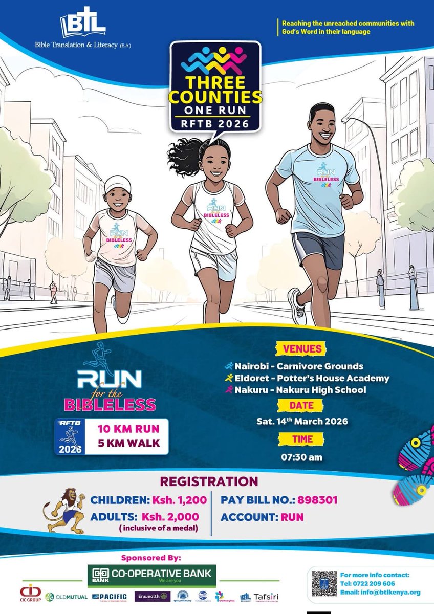 daisyckilel's tweet photo. ⁦@BTL_EA⁩ will be hosting its 19th edition of #runforthebibleless2026 this Saturday in Nairobi, Nakuru and Eldoret. Register at any of the BTL Centres and at Keswick Bookshops in Nairobi and get a Run t-shirt. https://t.co/agGjf6ITGy