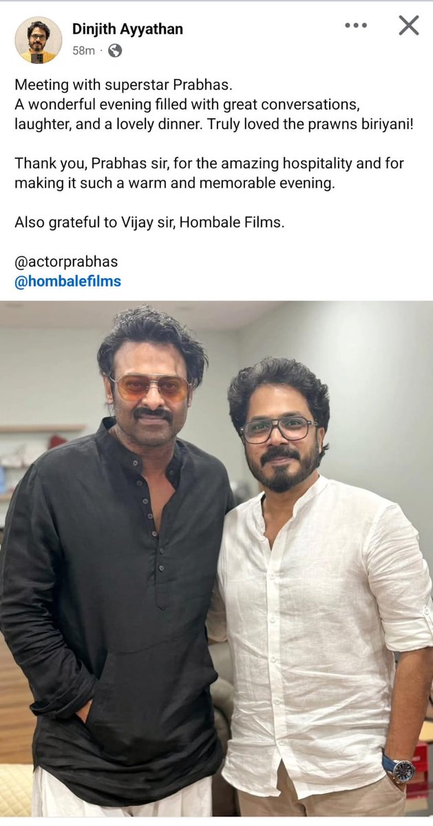_CineSphere_'s tweet photo. Eko &amp; KishkinadaKandam. Writer Dinjith Ayanthan Meet Prabhas Today 😌❤️

#Prabhas https://t.co/xkuNnuheMr