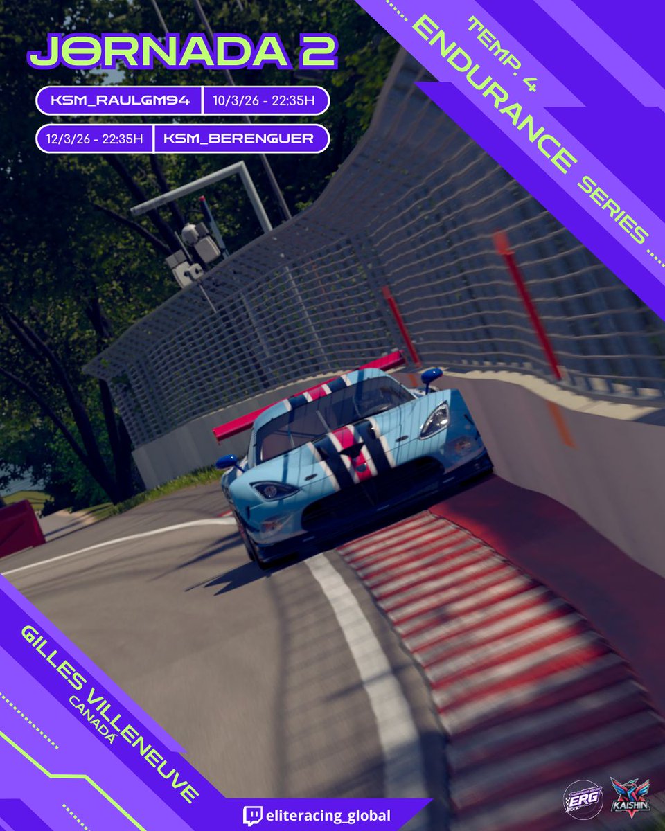 KaishinMS's tweet photo. Vamos a por la segunda ronda de esta Endurance Series. Bienvenidos a Canadá 💪🏻

 🏁 RACE DAY : J2 🏁
🎯 ENDURANCE SERIES T4
🪽 Raúl González #23
🪽 Pipo Berenguer #42
🗓️ 10/3/26 y 12/3/26 
⏰ 22:35H
🎥 Twitch : eliteracing_global

#race #GT7 #atodogas https://t.co/HKNbaMTCp4