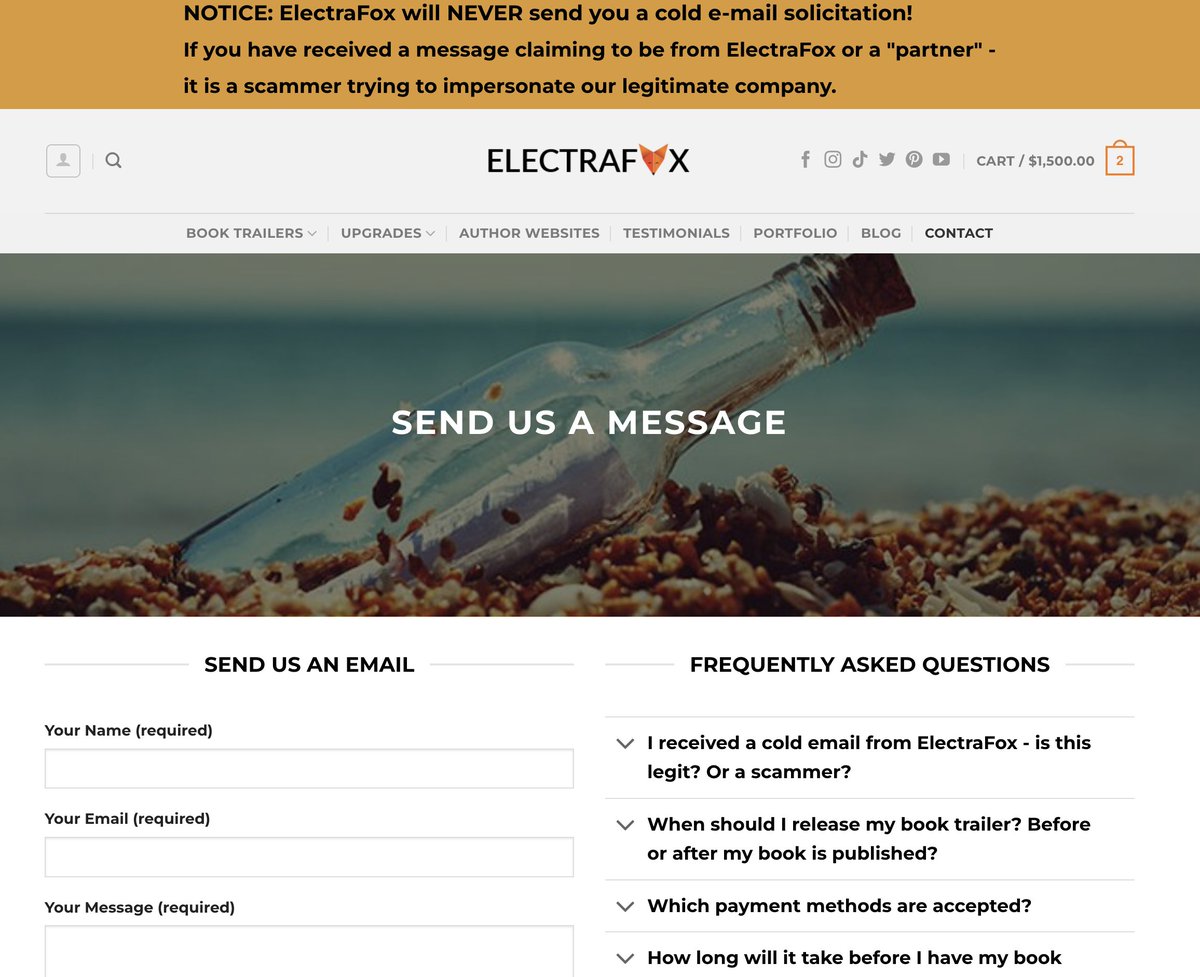 ElectraFoxBooks's tweet photo. Two authors reached out this week about scammers trying to impersonate ElectraFox. The scammers will send a cold email claiming to be from my company. They are not!!!

ElectraFox will NEVER send you a cold email solicitation!!!

Only contact me through https://t.co/6jas37kMmN!! https://t.co/SkozpJjvMG