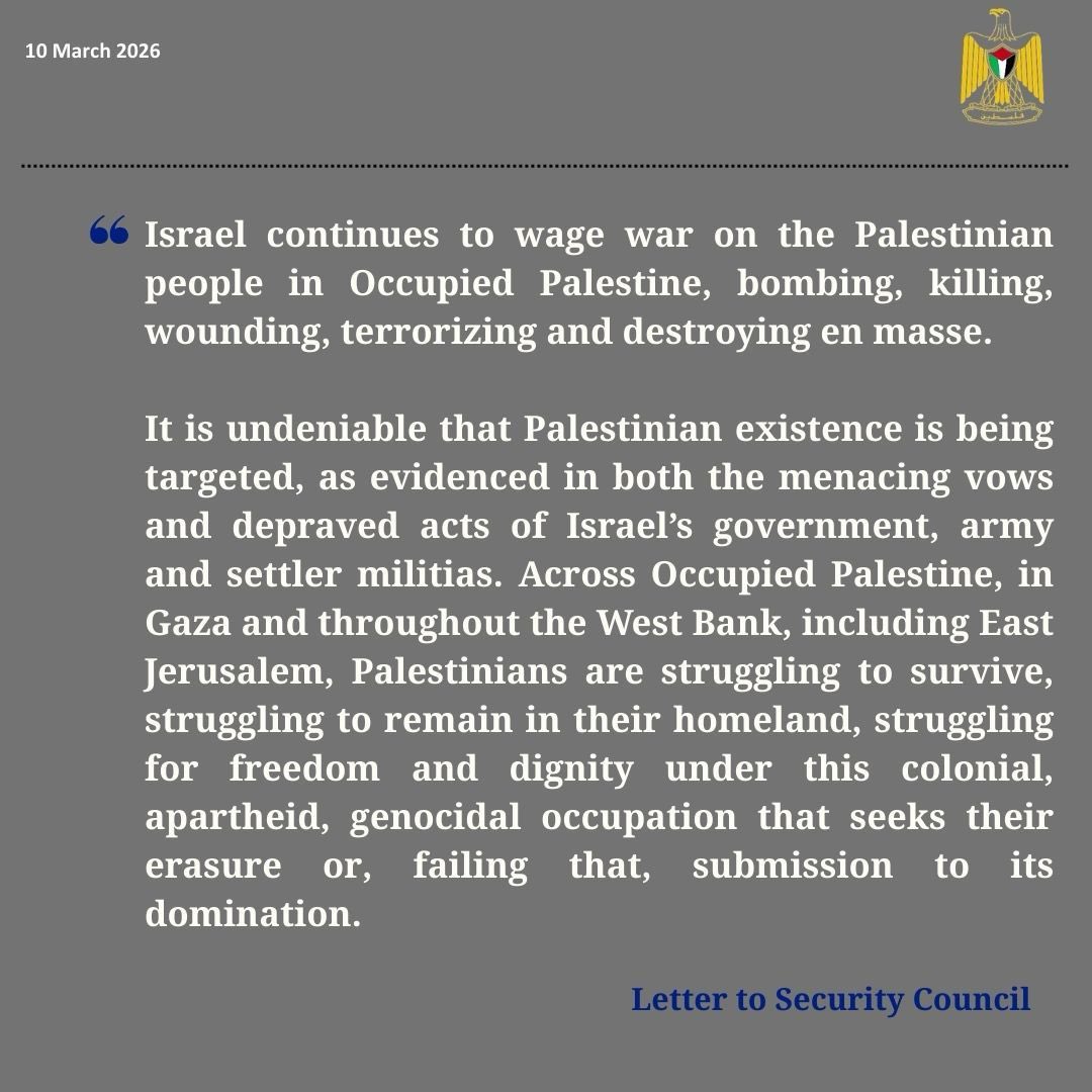 Palestine_UN's tweet photo. In a letter to the Security Council, the State of Palestine affirmed that millions of lives are at stake, the future of the Palestinian nation is at stake, a future of Palestinian-Israeli peace is at stake, the future of our region is at stake: https://t.co/CsJ4sQb2Ti