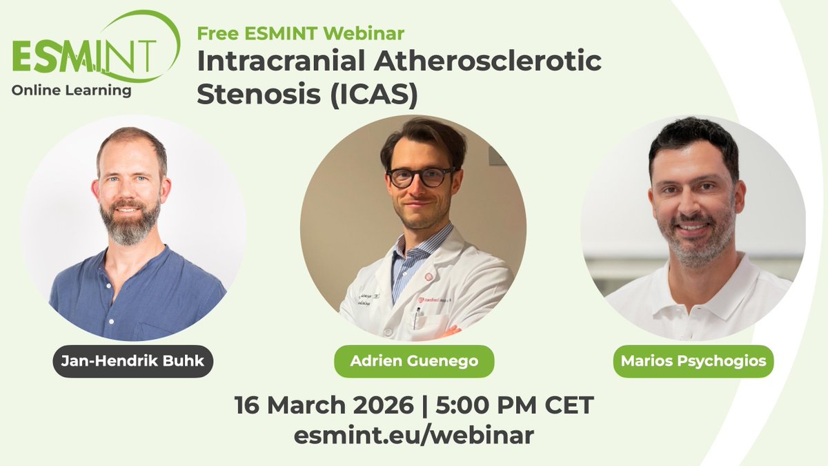 esmintsociety's tweet image. 🧠 Intracranial Atherosclerotic Stenosis (ICAS) is a key cause of ischemic stroke.

Join the free ESMINT Webinar to explore current concepts and treatment strategies.

📅 Mar 16 | 🕔 5 PM CET
Speakers: Marios Psychogios, Adrien Guenego

👉 buff.ly/VrXpuQH 

#ICAS #ESMINT