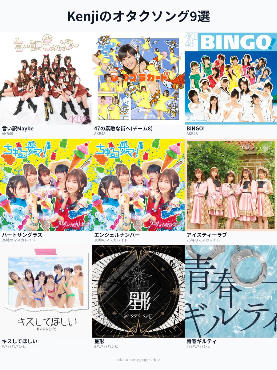今までの主現場から3曲ずつ選んでみました〜
 #俺のオタクソング9選
otaku-song.pages.dev/share/nlexrwp2