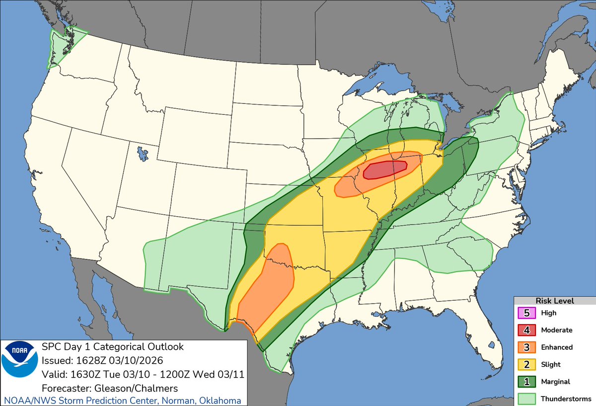 Tornadofury3's tweet photo. First CIG 2 tornado risk of the year from the Storm Prediction Center. Very dangerous and impactful day ahead across parts of Illinois and Indiana. All hazards possible buckle up, this is serious. Stay weather aware. 🌪️ #ILwx #INwx #tornadooutbreak https://t.co/JAbunzLPMs