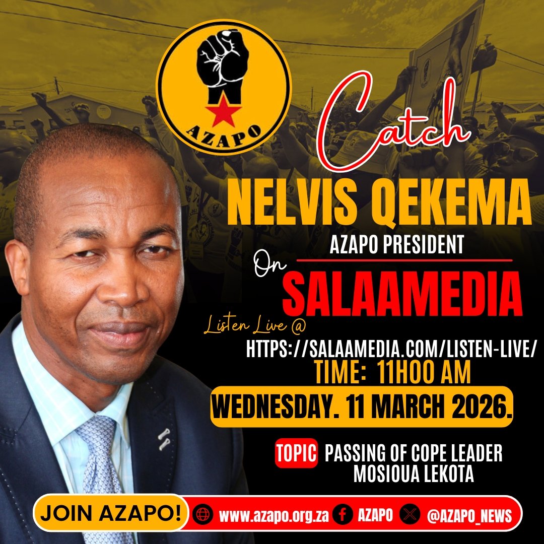 AZAPO_News's tweet photo. 🚨INTERVIEW ALERT🚨

President @Nelvis_Qekema will be speaking about the passing of the former Robben Islander, Black Consciousness Movement (BCM) activist, Premier, Minister and President of @COPE_RSA Mosioua "Terror" Lekota.

Catch the interview @salaamedia at 11h00, tomorrow. https://t.co/PrRhfRiEfh