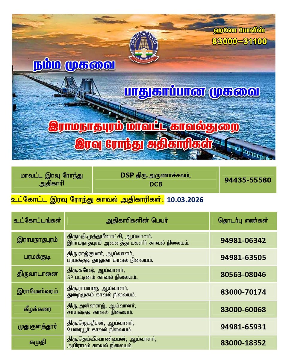 இன்று (10.03.2026) இரவு 10.00 மணி முதல் காலை 6 மணி வரை இரவு ரோந்து பணிக்கு நியமிக்கப்பட்ட அதிகாரிகள் மற்றும் தொடர்பு கொள்ள வேண்டிய உதவி எண்கள் (அ) 100 ஐ டயல் செய்யலாம்.