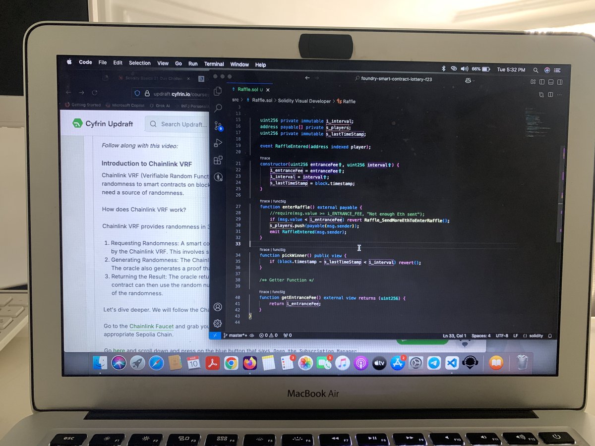 My Solidity journey continued today with understanding Random Numbers:

✅ Executed time checks using block.stamp and also added time-based logic to the pickWinner function.

✅ Explored Chainlink VRF (Verifiable Randomness function) and its uses in a Smart Contract instance.

👨🏾‍💻
