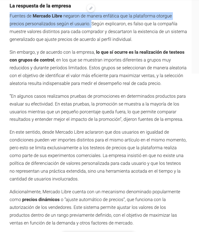Esto es buenísimo, Infobae dice: "Fuentes de Mercado Libre negaron de manera enfática que la plataforma otorgue precios personalizados según el usuario"

Y proceden a explicar que SÍ OTORGAN PRECIOS PERSONALIZADOS SEGÚN EL USUARIO y la gente que se queja tiene razón.