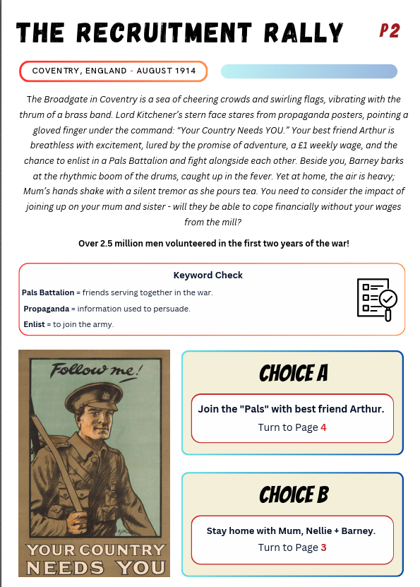 icHistory's tweet photo. History teachers - a WW1 choose-your-own-adventure story. This covers many aspects of the First World War, from signing up, trench life, trench warfare and the fate of those who refused to fight. Free PDF download here #historyteacher -  https://t.co/e9kvlAmF9M https://t.co/4J6qQS4gFm
