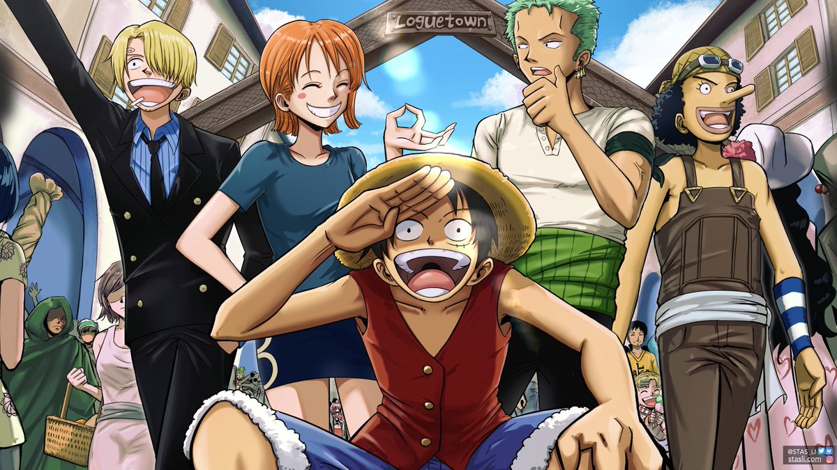 stas_li's tweet photo. Was excited about the One Piece Live Action and drew Loguetown art to celebrate!! 

Old Luffy, Zoro, Sanji, Nami and Usopp designs are so nostalgic https://t.co/9xWvydv5AB