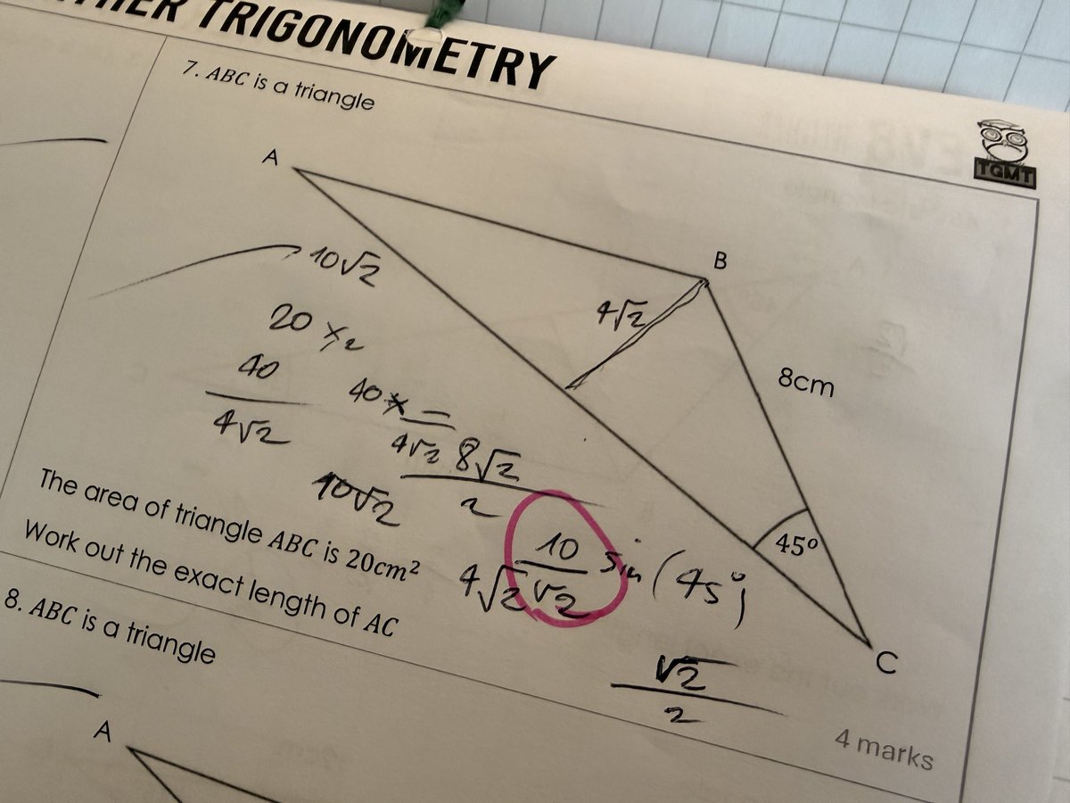 The absolute best lesson of exact values I’ve even had with a year 11 group! 📐

Working with the Sine and Cosine Rule, along with area of a triangle, all using exact values! Such a nice lesson progression to get here and some beautiful maths! 

Latest worksheet went down a