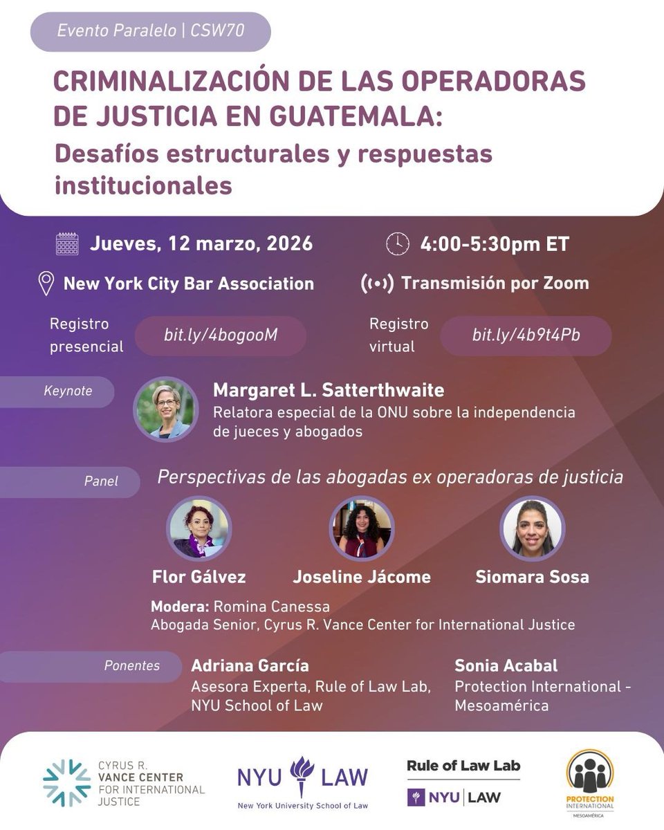 Me entusiasma ofrecer la conferencia magistral en <a href="/NYCBarAssn/">New York City Bar</a> sobre “Criminalización de las Operadoras de Justicia en Guatemala: Desafíos estructurales y respeustas institucionales”. Esta conferencia estará acompañada de un panel con <a href="/FlordeMariaGalv/">Flor Gálvez</a>, Joseline Jácome y Siomara