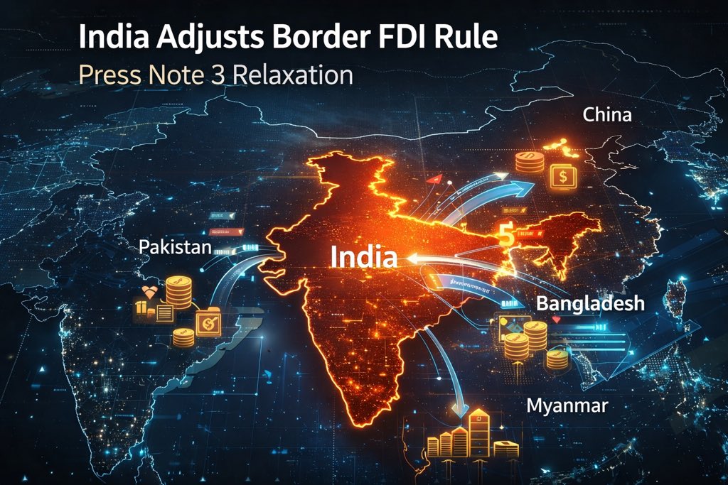 HemanNamo's tweet image. 1/4 🚨 POLICY SHIFT

India has quietly relaxed parts of the 2020 Border FDI rule (Press Note 3).

This rule required all investments from countries sharing a land border with India to get government approval.
#EconomicReforms
#InvestInIndia
#Geopolitics

Now New Delhi is