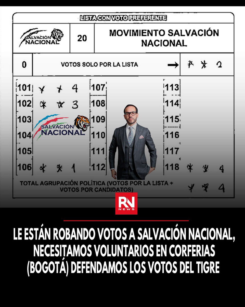 🔴 #Urgente SALVACIÓN NACIONAL NECESITA TESTIGOS VOLUNTARIOS

La lista de Abelardo de la Espriella Salvación Nacional hacen un llamado urgente a voluntarios para actuar como testigos electorales en Corferias, en Bogotá. 

Señalan que se deben defender los votos obtenidos por el
