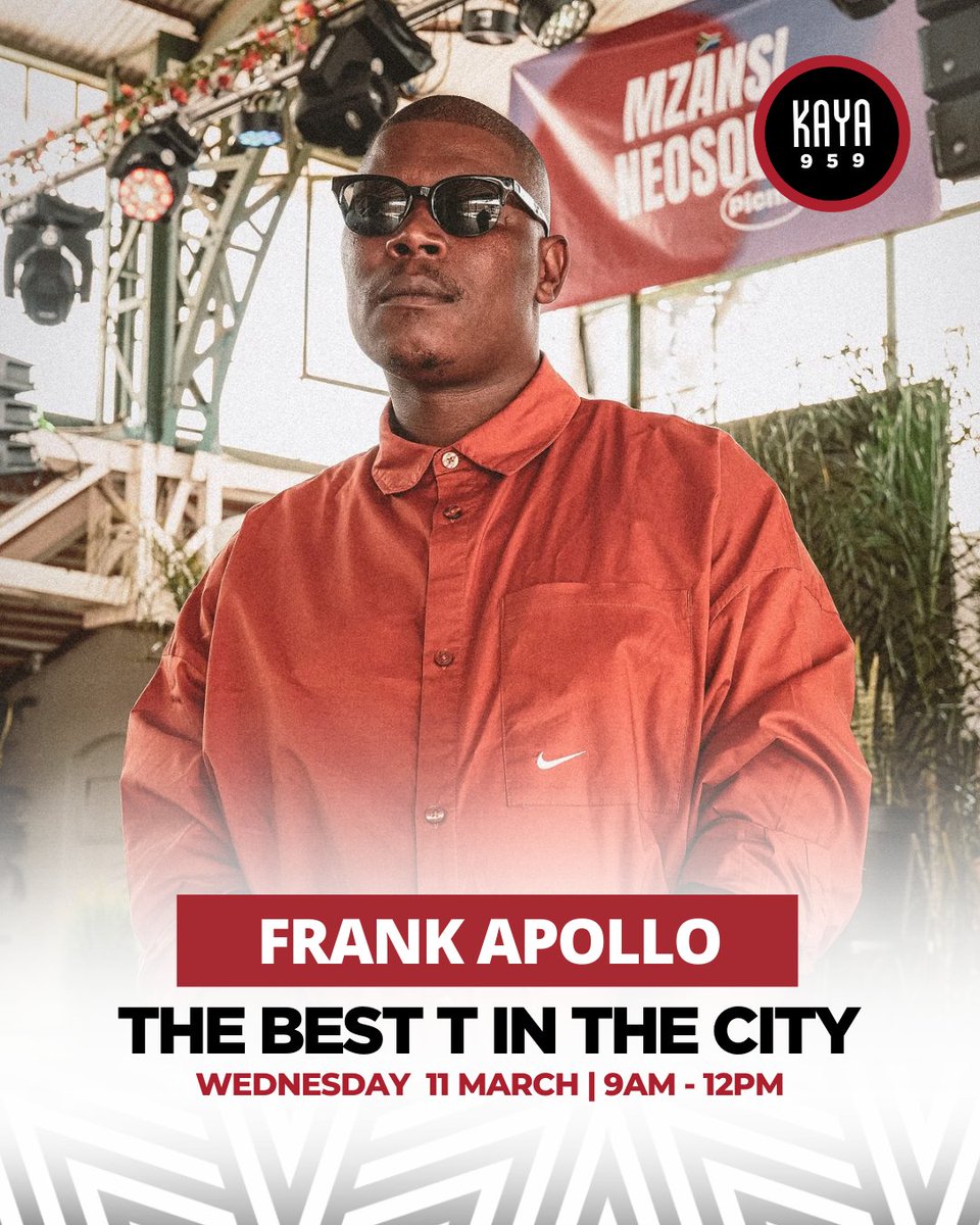 KayaON959's tweet image. 🎙️ Music artist and producer Frank Apollo chats with T-bose on Wednesday, 11 March at 10h00.

#MyTop10At10 #TheBestTInTheCity #FrankApolloOnKaya959 

📻 kaya959.co.za