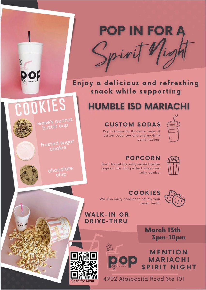 Celebrate the start of spring break with us!

Join us for Spirit Night this Friday, March 13 at Pop Drinks from 3 PM – 10 PM.

Stop by, enjoy a refreshing drink, and mention the Humble Mariachi to support our amazing students!

Thank you for always supporting Humble Mariachi!