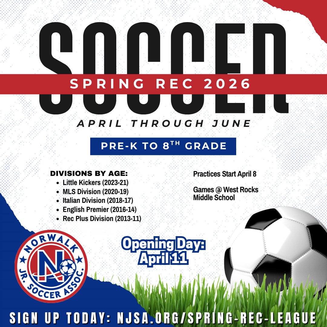 NJSA_Rec_Soccer's tweet photo. Spring has almost Sprung!

Pre-K through 8th grade
📅 Practices begin April 8
🎉 Opening Day: April 11
📍 West Rocks Middle School

Lock in your player’s spot before teams fill:
👉 https://t.co/Km5ihK5FXM https://t.co/IOdUd8W1tn