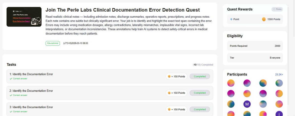 New Clinical Safety Quest 🩺

1/
A new quest has just dropped app.perle.xyz/join/N9TYVE and it focuses on something extremely important in healthcare accurate clinical documentation. Even small mistakes in medical notes can create serious risks if they are not noticed in time.

2/
