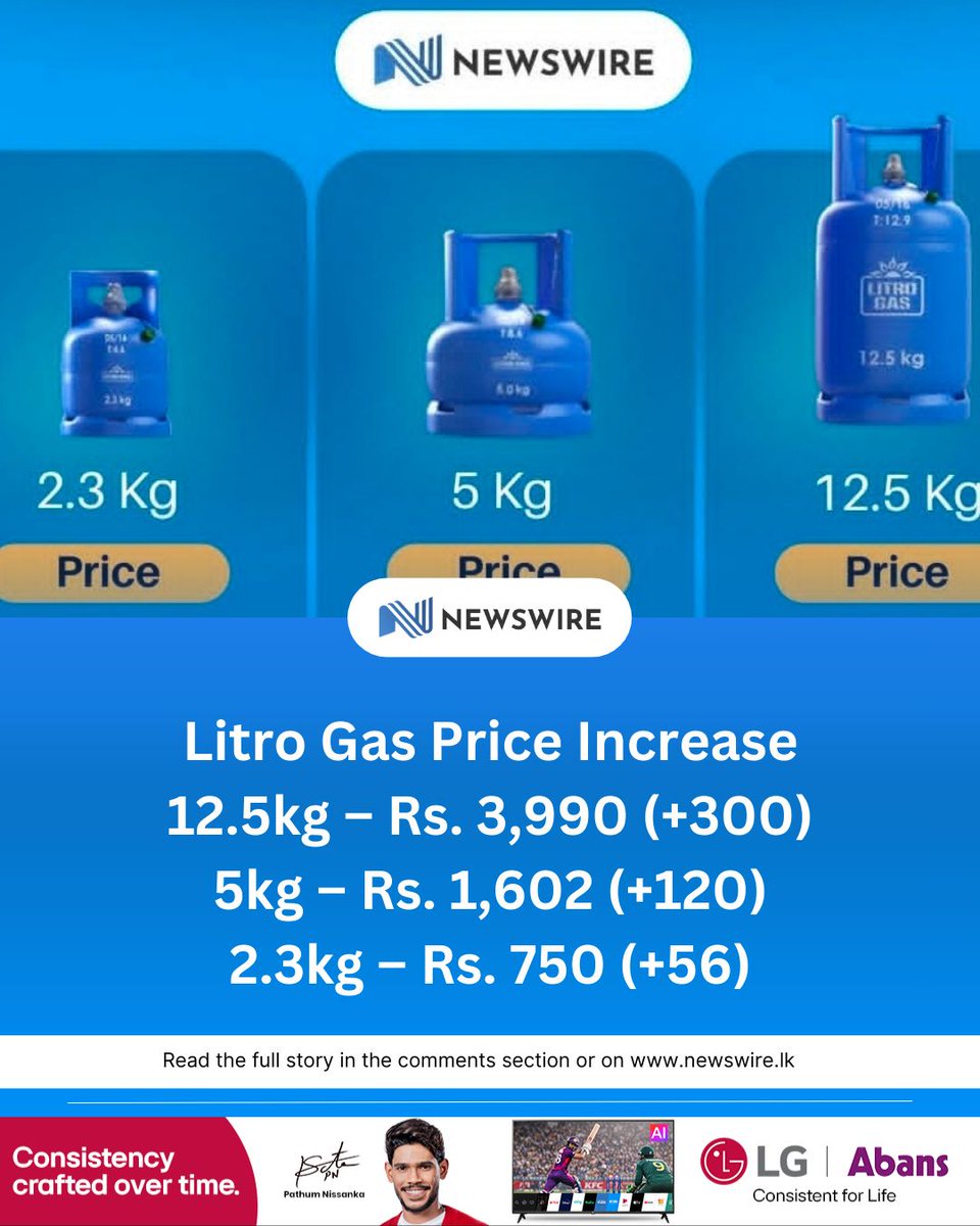 NewsWireLK's tweet photo. Litro Gas Lanka has increased the price of domestic LP gas with effect from midnight today.

New prices:
12.5kg – Rs. 3,990 (↑ Rs.300)
5kg – Rs. 1,602 (↑ Rs.120)
2.3kg – Rs. 750 (↑ Rs.56)

– Litro Chairman https://t.co/sliOzfBxnI