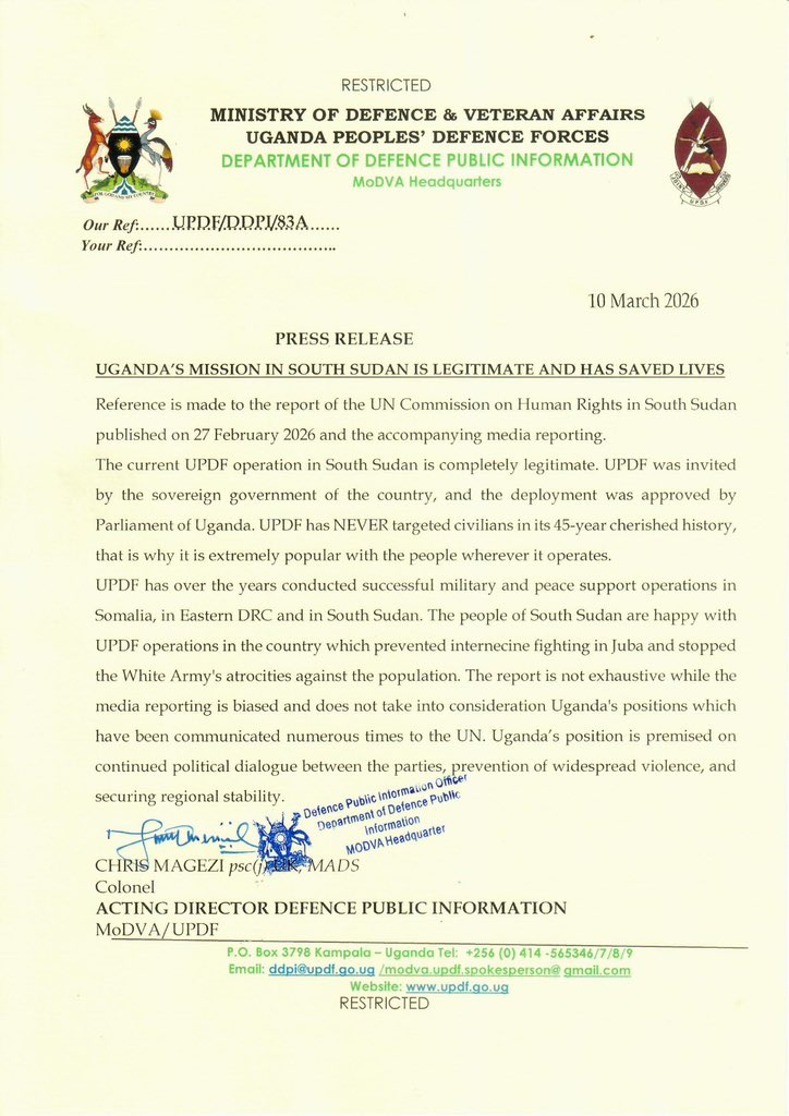 So the UPDF says it has “NEVER targeted civilians” in 45 years, yet the United Nations Commission on Human Rights in South Sudan is reporting civilian areas bombed. Instead of serious answers, we get a press release calling everything “biased.” Accountability cannot be replaced
