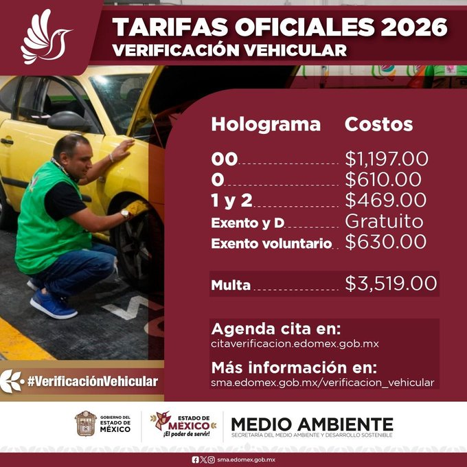 DGPCCA_Edomex's tweet photo. ⏰ No lo dejes para después. La Verificación Vehicular 2026 ya cuenta con tarifas oficiales. Agenda tu cita de forma rápida y sencilla aquí:
👉 https://t.co/c2L6TS9OyK
#EdoMéx https://t.co/mwn0DyOVBP