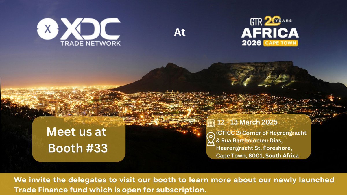 ElonTradeFi's tweet photo. ⚡ $XDC at GTR AFRICA 2026!
Unlock faster settlements & 💼 trade finance efficiency with @XDCTradeNetwork !
📍 Booth #33 — Trade Finance Fund now open!
#XDC #Blockchain #GTR2026 #CapitalEfficiency #Tradefinance #Booth33 #Meet
@XDCNetwork https://t.co/X4pTHA5Zm0