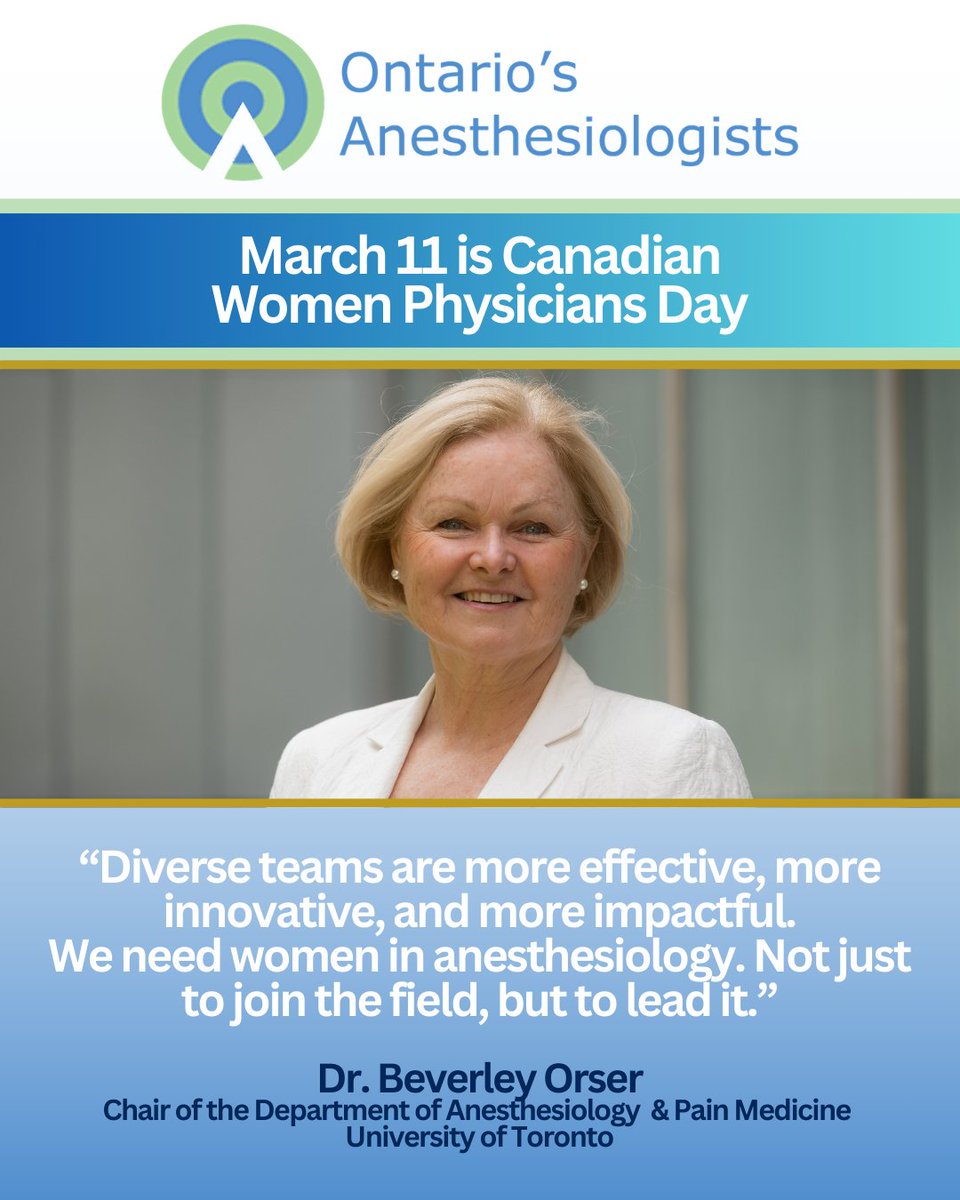 ON_Anesthesia's tweet photo. Tomorrow is 🇨🇦 Women Physicians Day, when we celebrate not only the new faces joining our specialty but also salute the trailblazers, such as Dr. Beverley Orser, an anesthesiologist, researcher &amp; academic leader whose many titles include chair of @torontoanesthesia
#womendocsCAN https://t.co/YZ8nnXptr2