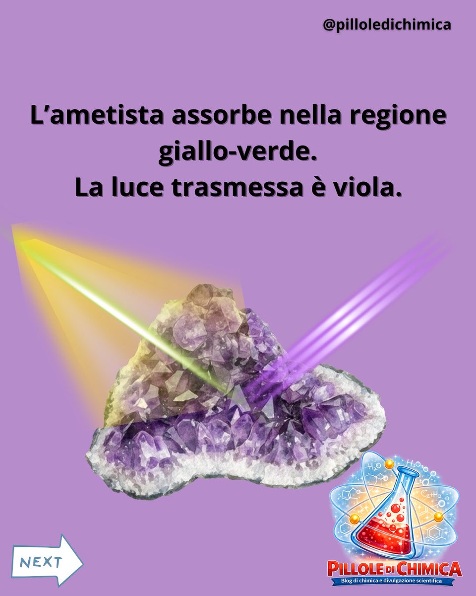 PChimica's tweet photo. L’ametista è quarzo (SiO₂). In forma pura sarebbe incolore.

Il colore nasce da tracce di ferro nella struttura cristallina e dalla radiazione naturale delle rocce, che modifica gli atomi di Fe creando centri di colore capaci di assorbire la luce. https://t.co/Vl7X52OKl0