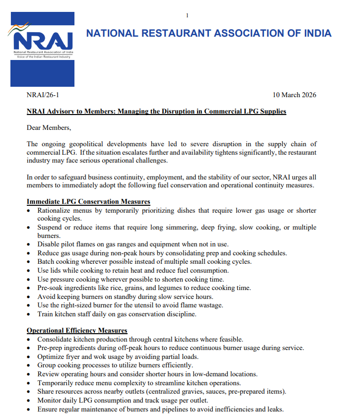 ANI's tweet photo. National Restaurant Association of India (NRAI) has issued an advisory to its members regarding concerns over a probable disruption in supply

"In order to safeguard business continuity, employment, and the stability of our sector, NRAI urges all members to immediately adopt the following fuel conservation and operational continuity measures."