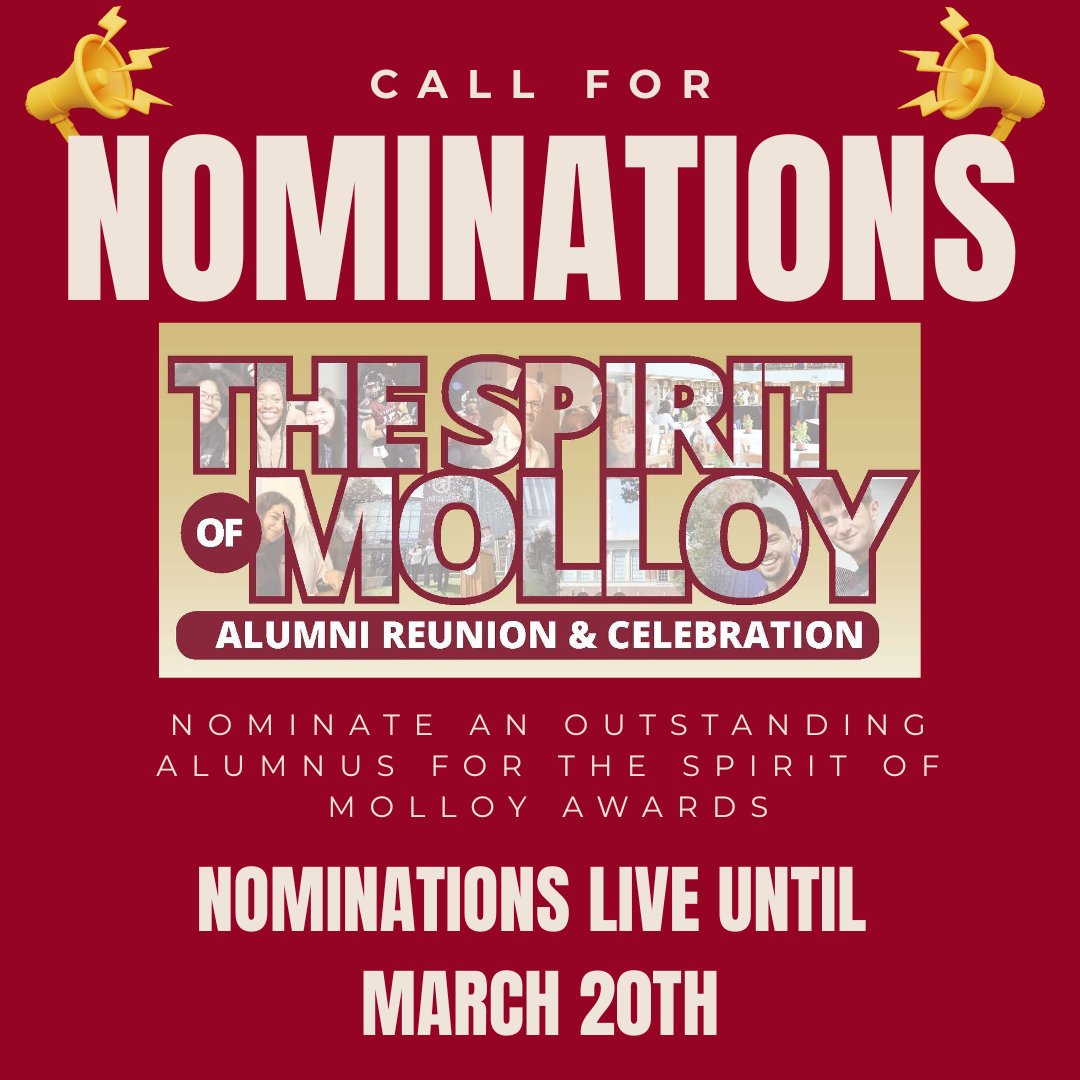 1 Week Remaining! 🦁
Nominate an outstanding alum for the Spirit of Molloy Awards!
📅 Nominations are open until March 20, 2026.
🏆 Honorees will be celebrated on June 13, 2026, at the Dominican Sisters of Amityville Motherhouse.
Click link! 🌟

brnw.ch/21x0Czy