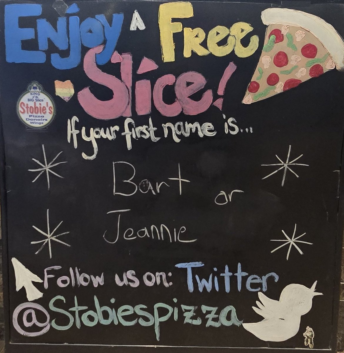 Stobiespizza's tweet image. Enjoy a free🍕today if your first name is🥁🥁🥁🥁 Bart  or Jeannie
•
🍕
•
🍕
#Bart #Jeannie #nameday #kingofthebigslice #stobiespizza 
delivery starts at 11 AM 
Call 519-432-2228 or click or Uber Eats or DoorDash
☎️📲💻🍕🍗🌯🥟🥗🚗😍
🍕