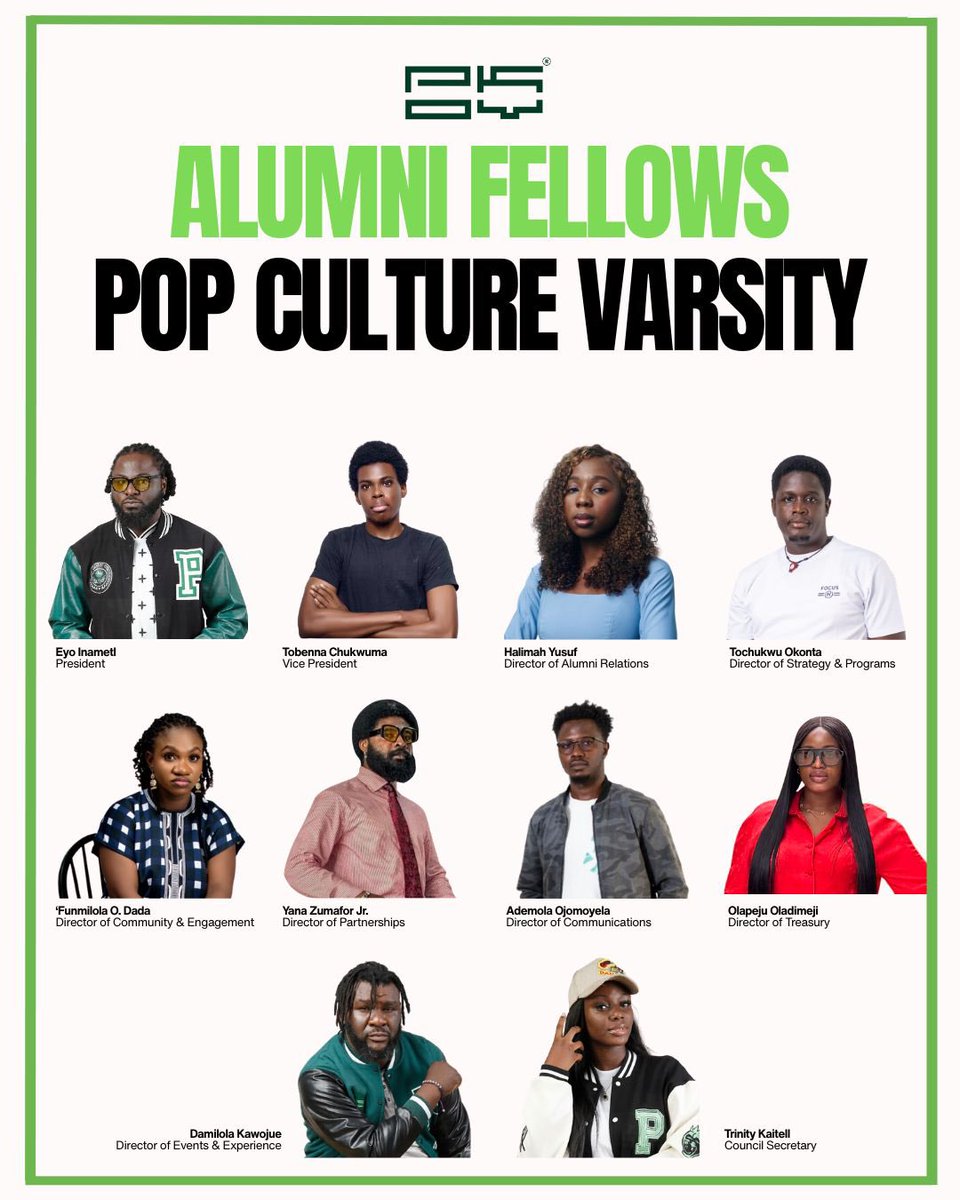Meet the inaugural Pop Culture Varsity Fellows Council! 
This leadership group of alumni will guide the community, drive collaborations, and advance strategy &amp; pop culture thinking. Congrats to Eyo, Tobenna, Halimah, Tochukwu,Funmilola,Yana,Ademola,Olapeju, Damilola,and Trinity!
