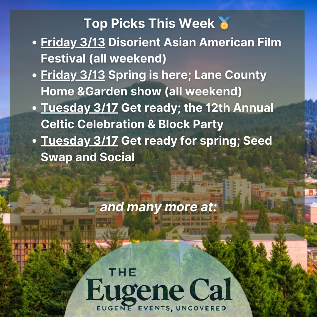 TheEugeneCal's tweet photo. Spring is in the air, and so are events in Eugene! 🌸
Full list coming to your email! https://t.co/bE5JpFJ2S9