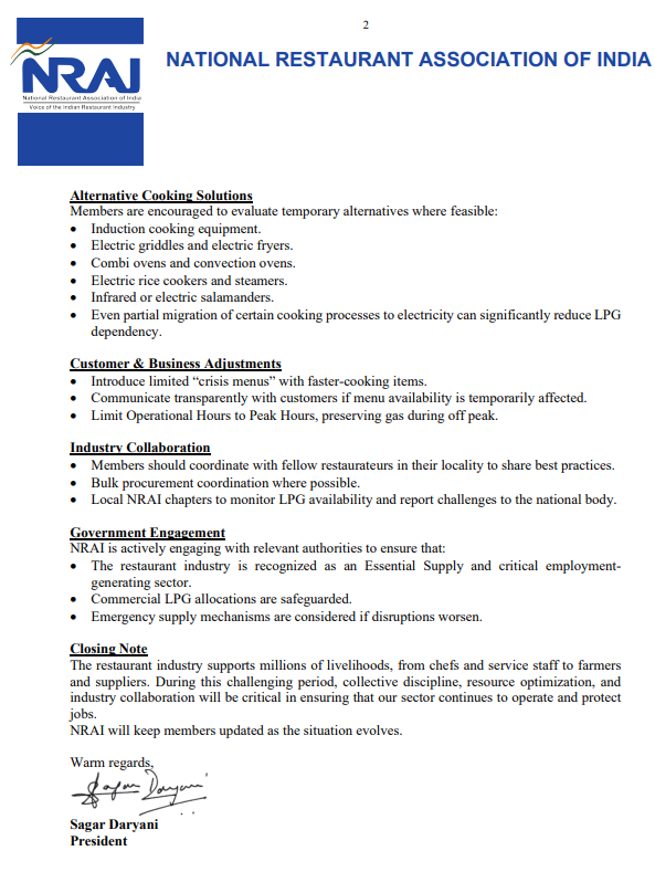 National Restaurant Association of India (NRAI) has issued an advisory to its members regarding concerns over a probable disruption in supply

"In order to safeguard business continuity, employment, and the stability of our sector, NRAI urges all members to immediately adopt the