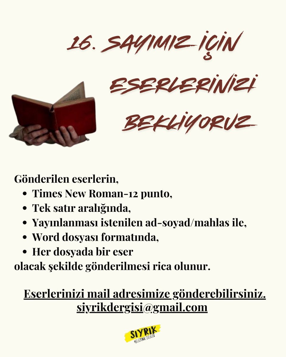 16. SAYIMIZ İÇİN ESERLERİNİZİ BEKLİYORUZ 📢

•Gönderilen eserlerin daha önce hiçbir yerde yayınlanmamış olması gereklidir.
•Formata uygun gönderilmeyen e-postalar değerlendirilmeyecektir.
•Eser Son Gönderim Tarihi: 5 Nisan 2026

#eser #dergi #şiir #edebiyat #yazı