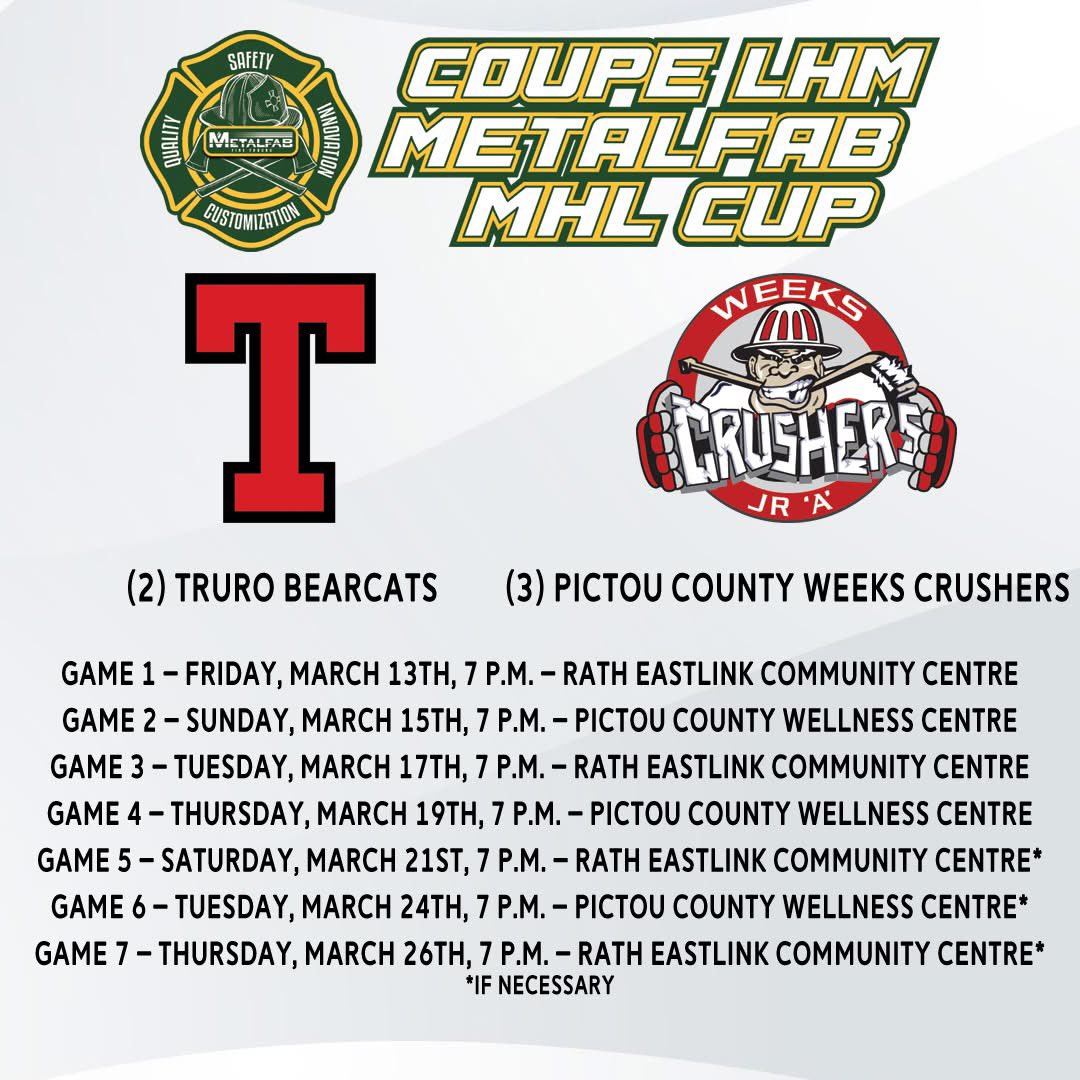 trurobearcats's tweet photo. Our first round playoff schedule against Pictou County is set and it gets underway THIS Friday at the RECC!

Tickets for Game 1 and 3 are on sale NOW at https://t.co/XPxJDRs09P

Let’s fill the RECC like last postseason as we start our run to the Centennial Cup! #teamfirsT https://t.co/ZHplG4A38e