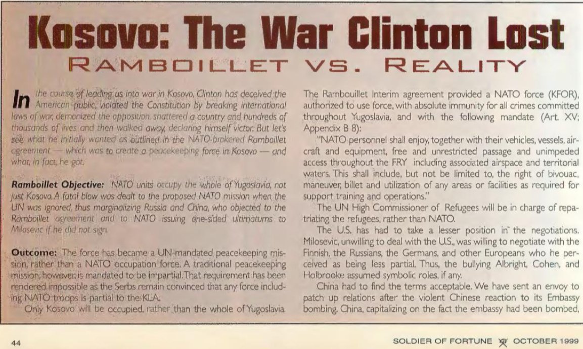 PureMalice8's tweet photo. Interesting. Soldier of Fortune admitted in '99: Clinton's NATO 'humanitarian' bombing was a total flop. We lost homes, lives, Kosovo is occupied. While KLA terrorists got a red carpet. 25 years later: no justice, just more analbanian lies.
#NATOaggression #KosovoIsSerbia https://t.co/K9yXqVGitI