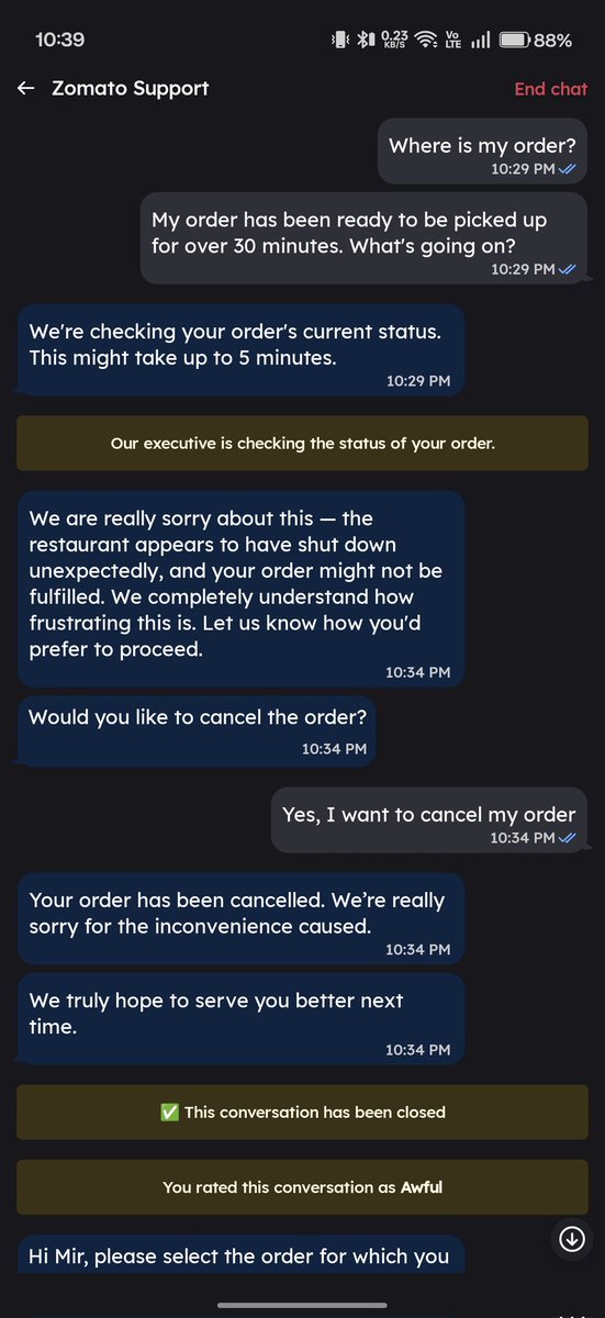 Prongs117's tweet photo. @zomato @zomatocare What kind of crap service is this? My order status said ready to be picked up at 9:55. For the next 40 minutes, there was no update. Your system just kept changing delivery partners. When I raised this, I get this response? Wasted 1 hour of time and effort. https://t.co/LETvoYanMU