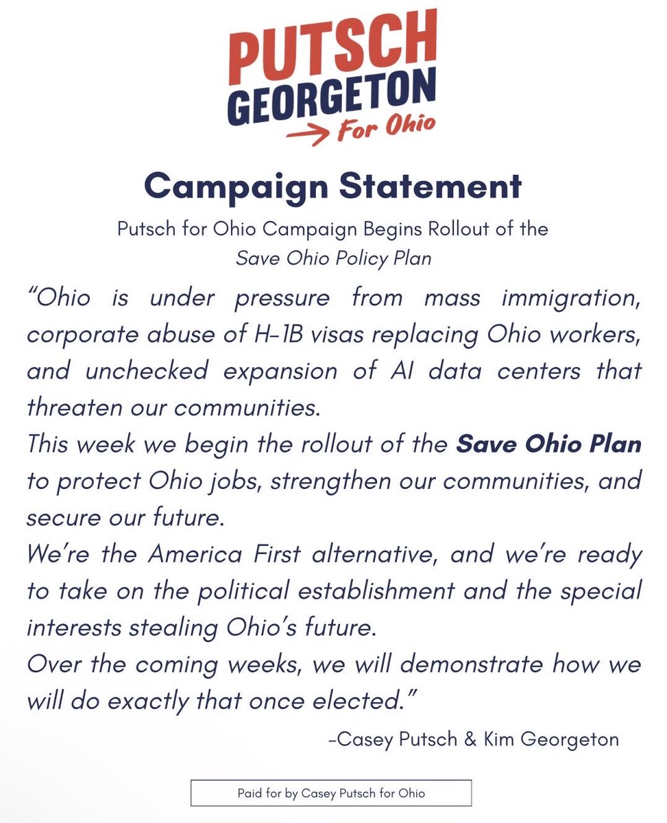CaseyPutschOhio's tweet image. This week, we're excited to announce the rollout of our SAVE OHIO Policy Plan, the clear, no compromise roadmap to put Ohio families first again.

Mass deportations. Ending H-1B abuse. Moratorium on new data centers. Killing DEI statewide. Divesting from foreign bonds. Bringing