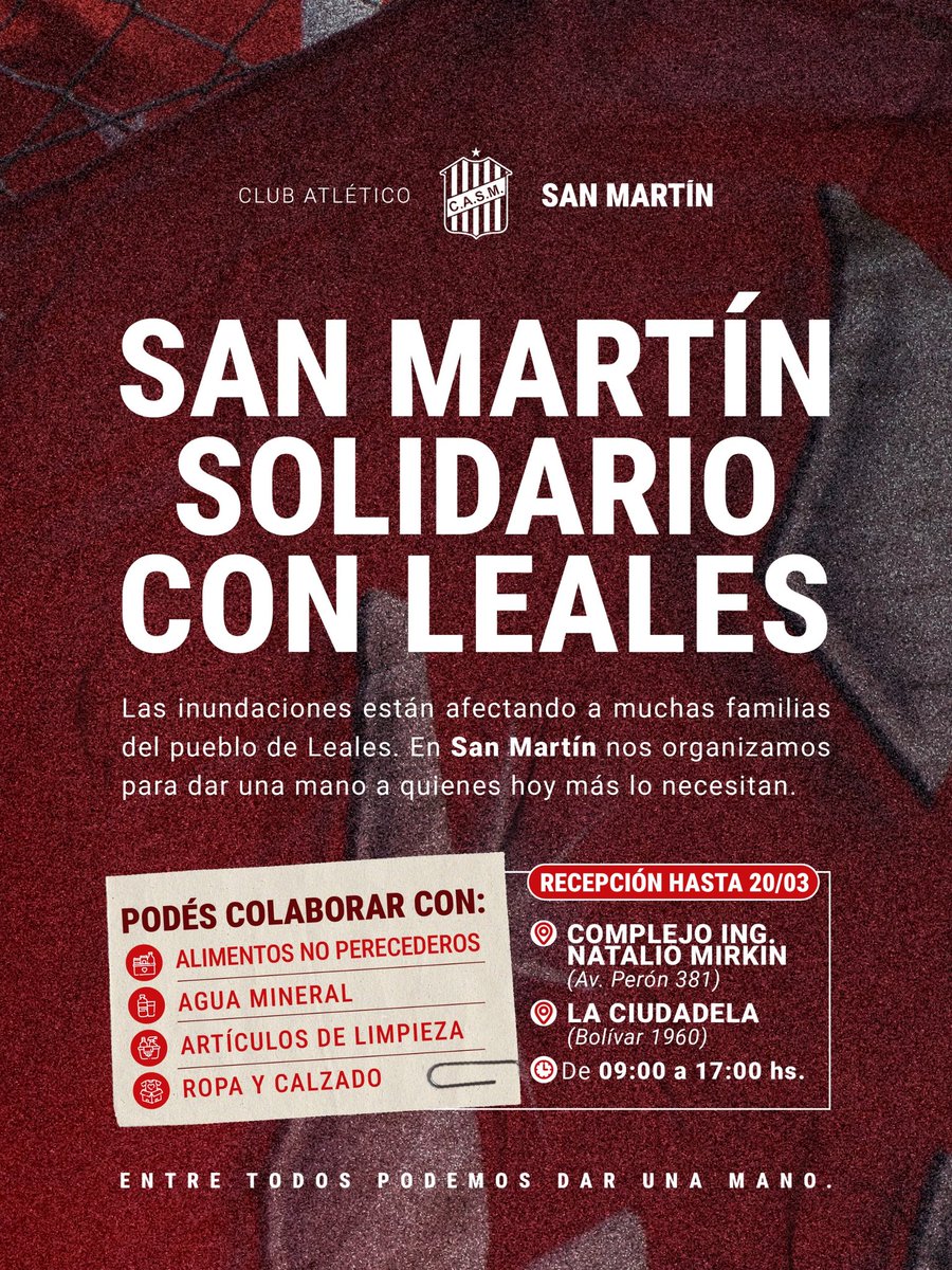 🔴⚪️ #Institucional

San Martín solidario 🇦🇹

Desde nuestra institución impulsamos una campaña solidaria para ayudar a las familias del pueblo de Leales, quienes actualmente padecen las consecuencias de las inundaciones en la zona.

Hasta el próximo 20 de marzo podés donar