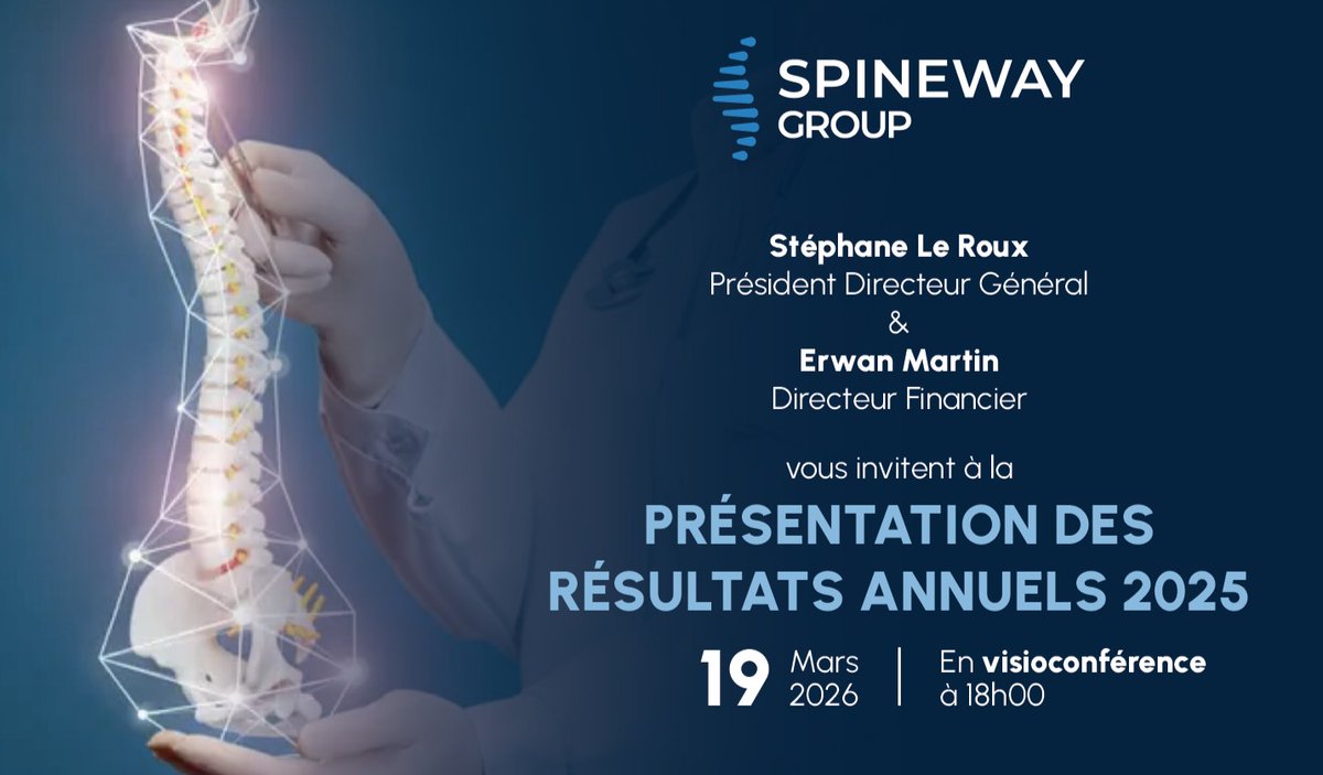 Spineway a le plaisir d’inviter ses actionnaires et l’ensemble de la communauté financière à un 𝘄𝗲𝗯𝗶𝗻𝗮𝗶𝗿𝗲 𝗱𝗲́𝗱𝗶𝗲́ 𝗮̀ 𝗹𝗮 𝗽𝗿𝗲́𝘀𝗲𝗻𝘁𝗮𝘁𝗶𝗼𝗻 𝗱𝗲𝘀 𝗿𝗲́𝘀𝘂𝗹𝘁𝗮𝘁𝘀 𝗮𝗻𝗻𝘂𝗲𝗹𝘀 𝟮𝟬𝟮𝟱.
Infos et Inscription : ow.ly/Z9FK50YrXBF
