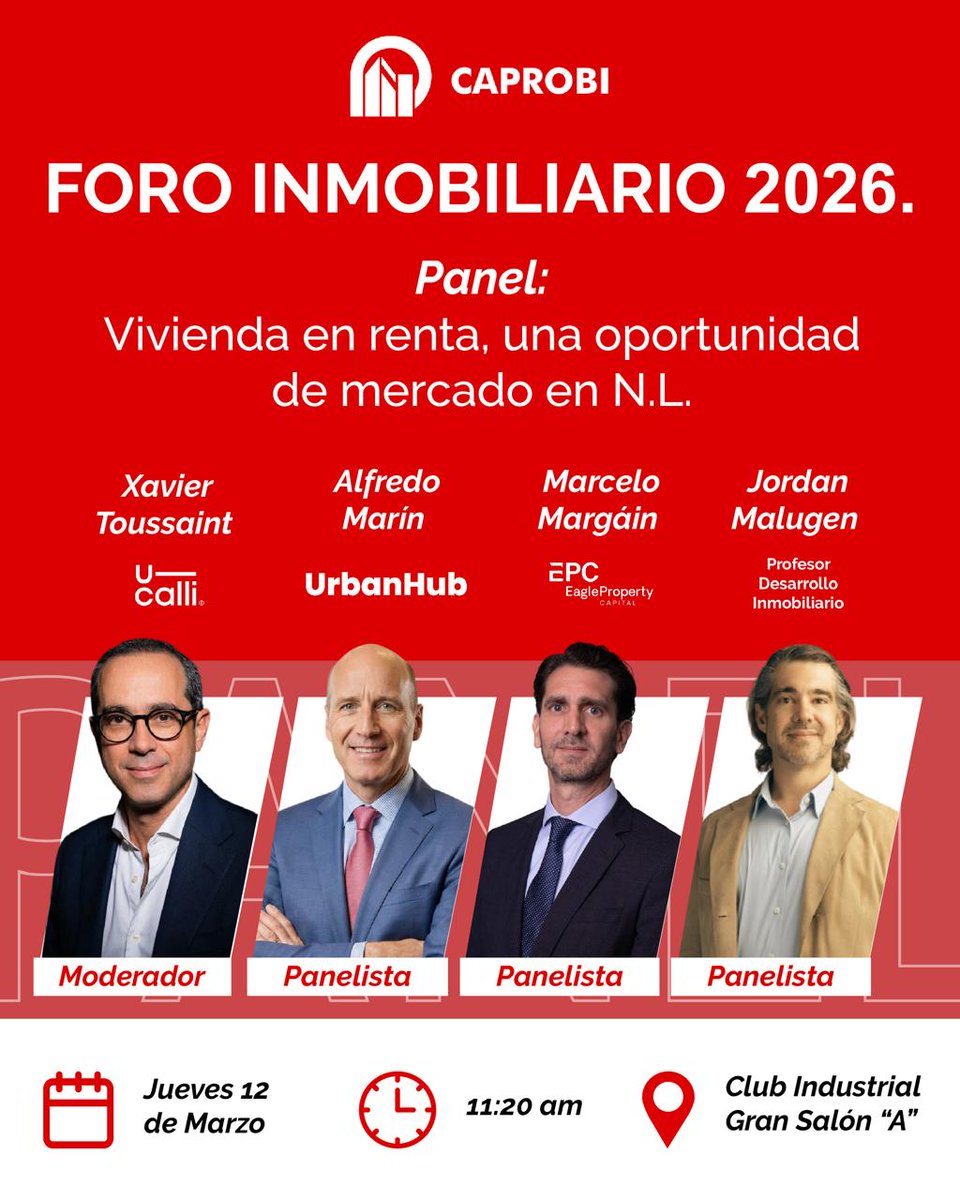 Panel: "Vivienda en renta, una oportunidad de mercado Nuevo León se consolida como el epicentro del crecimiento inmobiliario. Acompáñanos a analizar por qué el modelo de renta es hoy la inversión más inteligente en el estado.

#vivienda #inmobiliario #CAPROBI