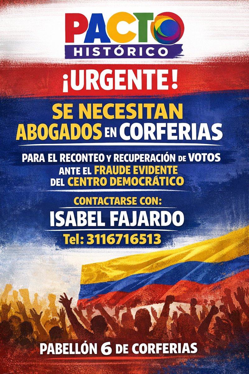 URGENTE, URGENTE
Abogados del Pacto Histórico trasladarse a Corferias, estamos a punto de recuperar nuevas curules.