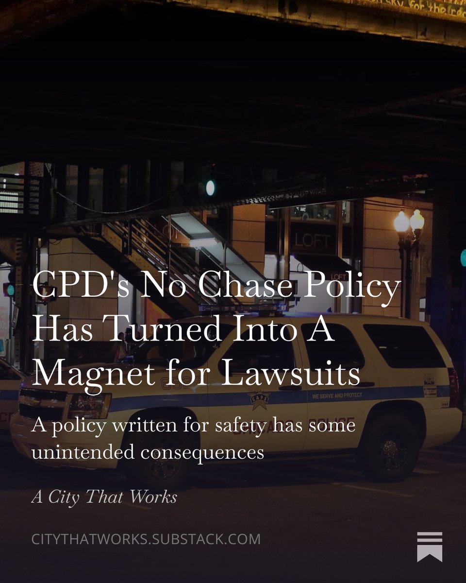 richsday's tweet photo. The Chicago Police Department's no chase policy is designed to protect residents - but it's made the city more vulnerable to lawsuits. Over at @acitythatworks Justin Erb explains why, and how to reduce crashes while also protecting the city. https://t.co/VVbDHbombp