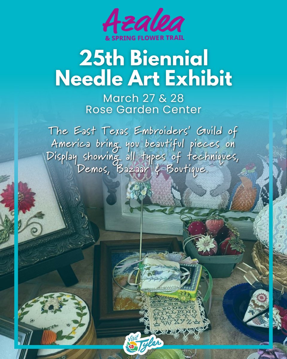 VisitTyler's tweet photo. 📍 Tyler Rose Garden Center
March 27 &amp; 28

Art, thread, and timeless craftsmanship 🧵

The East Texas Embroiderers’ Guild showcases stunning pieces featuring intricate techniques, live demos, and a boutique you won’t want to miss. https://t.co/7W5AhGp8dh