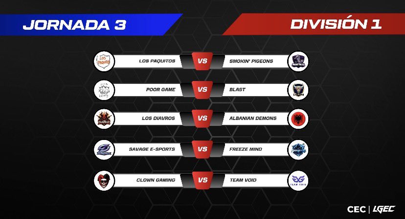 CompeticionesES's tweet photo. Semana nueva, Jornada nueva.😏
Vamos con la Jornada 3 de la DIVISIÓN 1:
⚔️: #LosPaquitos 🆚 #Smokin’Pigeons
⚔️: #PoorGame 🆚 @TeamBlast952
⚔️: #LosDiavros 🆚 #AlbanianDemons
⚔️: @SaVaGe_eSport01 🆚 #Freezemind
⚔️: @TeamClownGaming 🆚 @Team_VoidCOD
#CEC #LGEC https://t.co/if3DTQft7V